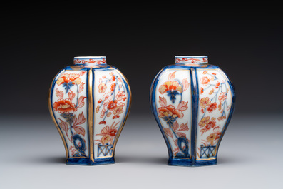 A gilt-decorated powder-blue-ground punch bowl and a pair of Imari-style jars, Samson, Paris, 19th C.