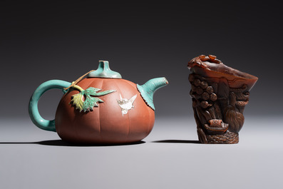 A Chinese enamelled Yixing stoneware teapot, a pewter container, a horn cup, a bamboo brush pot, and an opium pipe, Wan Shun 萬順 mark, 19/20th C.