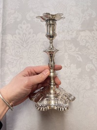 Two English silver candlesticks, William Cafe, London, dated 1751 and 1774