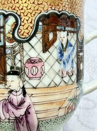 A fine Chinese Canton famille rose cup and saucer with figural design, Yongzheng/Qianlong