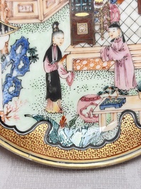 A fine Chinese Canton famille rose cup and saucer with figural design, Yongzheng/Qianlong