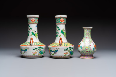 Five Chinese famille rose and verte vases and an armorial ewer, various marks, 20th C.