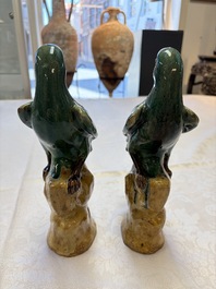 A pair of Chinese turquoise-glazed Buddhist lions, a pair of green-glazed parrots and a pair of miniature garden seats, 19/20th C.