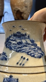 A Chinese Nanking crackle-glazed blue and white 'Hu' vase with a deer hunting scene, Hongwu mark, 19th C.