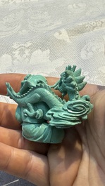 A complete set of 12 Chinese carved turquoise 'Children at Play with the Zodiac Animals' figures on wooden stands, Republic