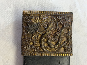 A Chinese palace guard sword 'Dao' inscribed 'Da Nei Shi Wei 大內侍衛', with lacquered wooden scabbard and gilt-bronze 'Dragon' mounts, Qing