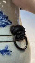 A Chinese Nanking crackle-glazed blue and white 'Hu' vase with a deer hunting scene, Hongwu mark, 19th C.