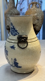 A Chinese Nanking crackle-glazed blue and white 'Hu' vase with a deer hunting scene, Hongwu mark, 19th C.