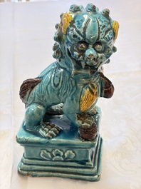 A pair of Chinese turquoise-glazed Buddhist lions, a pair of green-glazed parrots and a pair of miniature garden seats, 19/20th C.