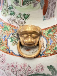 A pair of Chinese famille rose '18 Luohan' vases and covers, 19th C.