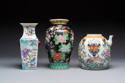 Five Chinese famille rose and verte vases and an armorial ewer, various marks, 20th C.