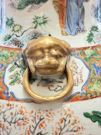 A pair of Chinese famille rose '18 Luohan' vases and covers, 19th C.