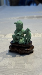A complete set of 12 Chinese carved turquoise 'Children at Play with the Zodiac Animals' figures on wooden stands, Republic