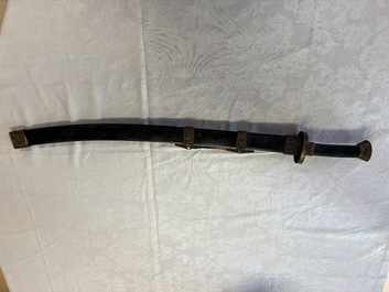 A Chinese palace guard sword 'Dao' inscribed 'Da Nei Shi Wei 大內侍衛', with lacquered wooden scabbard and gilt-bronze 'Dragon' mounts, Qing
