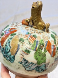 A pair of Chinese famille rose '18 Luohan' vases and covers, 19th C.