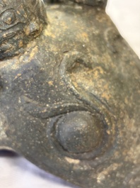 A rare and large Chinese archaistic bronze pouring vessel and cover, Gong 觥, Qing