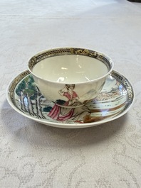 A rare Chinese famille rose erotic 'Milkmaid' cup and saucer, Qianlong, ca. 1740