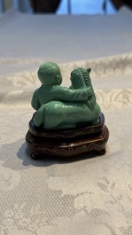 A complete set of 12 Chinese carved turquoise 'Children at Play with the Zodiac Animals' figures on wooden stands, Republic