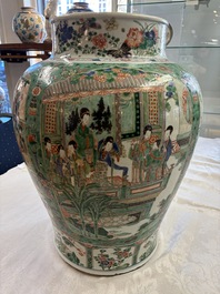 A pair of large Chinese famille verte 'Birthday Celebration of Guo Ziyi 郭子儀祝壽' baluster vases, Kangxi