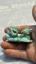 A complete set of 12 Chinese carved turquoise 'Children at Play with the Zodiac Animals' figures on wooden stands, Republic