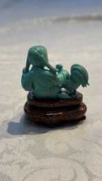 A complete set of 12 Chinese carved turquoise 'Children at Play with the Zodiac Animals' figures on wooden stands, Republic
