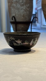 A Chinese silver-lined laque burgaut&eacute; bowl with figural design, Kangxi