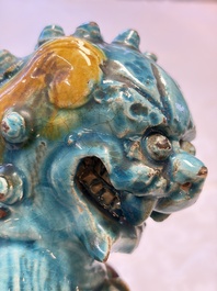 A pair of Chinese turquoise-glazed Buddhist lions, a pair of green-glazed parrots and a pair of miniature garden seats, 19/20th C.