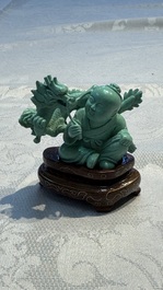 A complete set of 12 Chinese carved turquoise 'Children at Play with the Zodiac Animals' figures on wooden stands, Republic