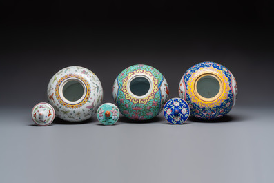 A Chinese famille rose archaistic covered vase, a vase, and three covered ginger jars, Qianlong marks, 20th C.