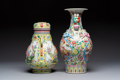 A Chinese famille rose archaistic covered vase, a vase, and three covered ginger jars, Qianlong marks, 20th C.