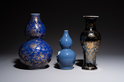 Three Chinese monochrome-glazed vases, Kangxi mark, 19/20th C.
