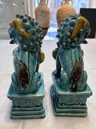 A pair of Chinese turquoise-glazed Buddhist lions, a pair of green-glazed parrots and a pair of miniature garden seats, 19/20th C.