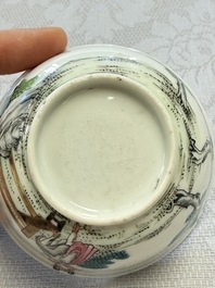 A rare Chinese famille rose erotic 'Milkmaid' cup and saucer, Qianlong, ca. 1740