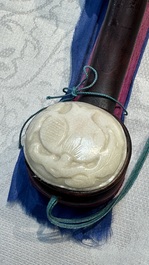 A Chinese white-jade-inset hongmu ruyi with a wooden presentation box and display case, 19th C.