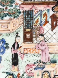 A fine Chinese Canton famille rose cup and saucer with figural design, Yongzheng/Qianlong