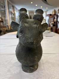 A rare and large Chinese archaistic bronze pouring vessel and cover, Gong 觥, Qing