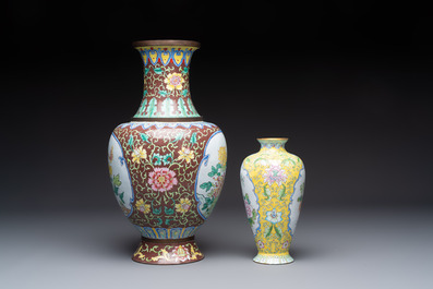 Two Chinese Canton enamel vases and a 'European Subject' dish, 20th C.