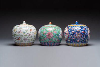 A Chinese famille rose archaistic covered vase, a vase, and three covered ginger jars, Qianlong marks, 20th C.