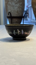 A Chinese silver-lined laque burgaut&eacute; bowl with figural design, Kangxi
