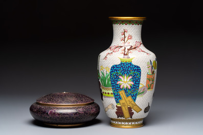 Three Chinese cloisonn&eacute; vases and a covered box, 20th C.