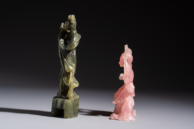 Five Chinese hardstone carvings, four with wooden stands, 20th C.