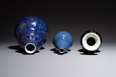 Three Chinese monochrome-glazed vases, Kangxi mark, 19/20th C.