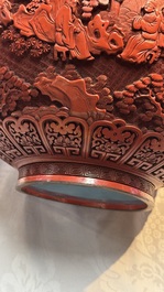A pair of Chinese cinnabar lacquer 'Xi Xiang Ji' 'Tianqiu Ping' vases, 20th C.