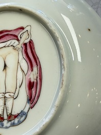 A rare Chinese famille rose erotic 'Milkmaid' cup and saucer, Qianlong, ca. 1740