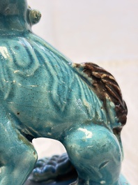A pair of Chinese turquoise-glazed Buddhist lions, a pair of green-glazed parrots and a pair of miniature garden seats, 19/20th C.