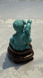 A complete set of 12 Chinese carved turquoise 'Children at Play with the Zodiac Animals' figures on wooden stands, Republic