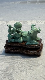 A complete set of 12 Chinese carved turquoise 'Children at Play with the Zodiac Animals' figures on wooden stands, Republic