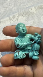 A complete set of 12 Chinese carved turquoise 'Children at Play with the Zodiac Animals' figures on wooden stands, Republic