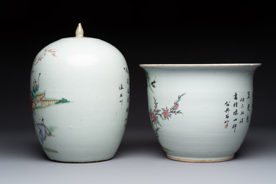 A Chinese famille rose vase, a covered jar and a jardiniere with stand, 19/20th C.