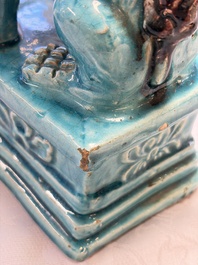 A pair of Chinese turquoise-glazed Buddhist lions, a pair of green-glazed parrots and a pair of miniature garden seats, 19/20th C.